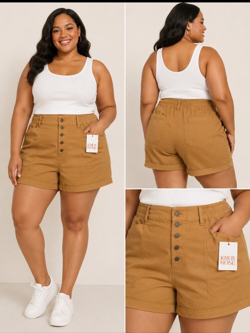 Knox Rose Women's Paperbag High Rise Button Front Shorts Tan Sand Dune Size 3X